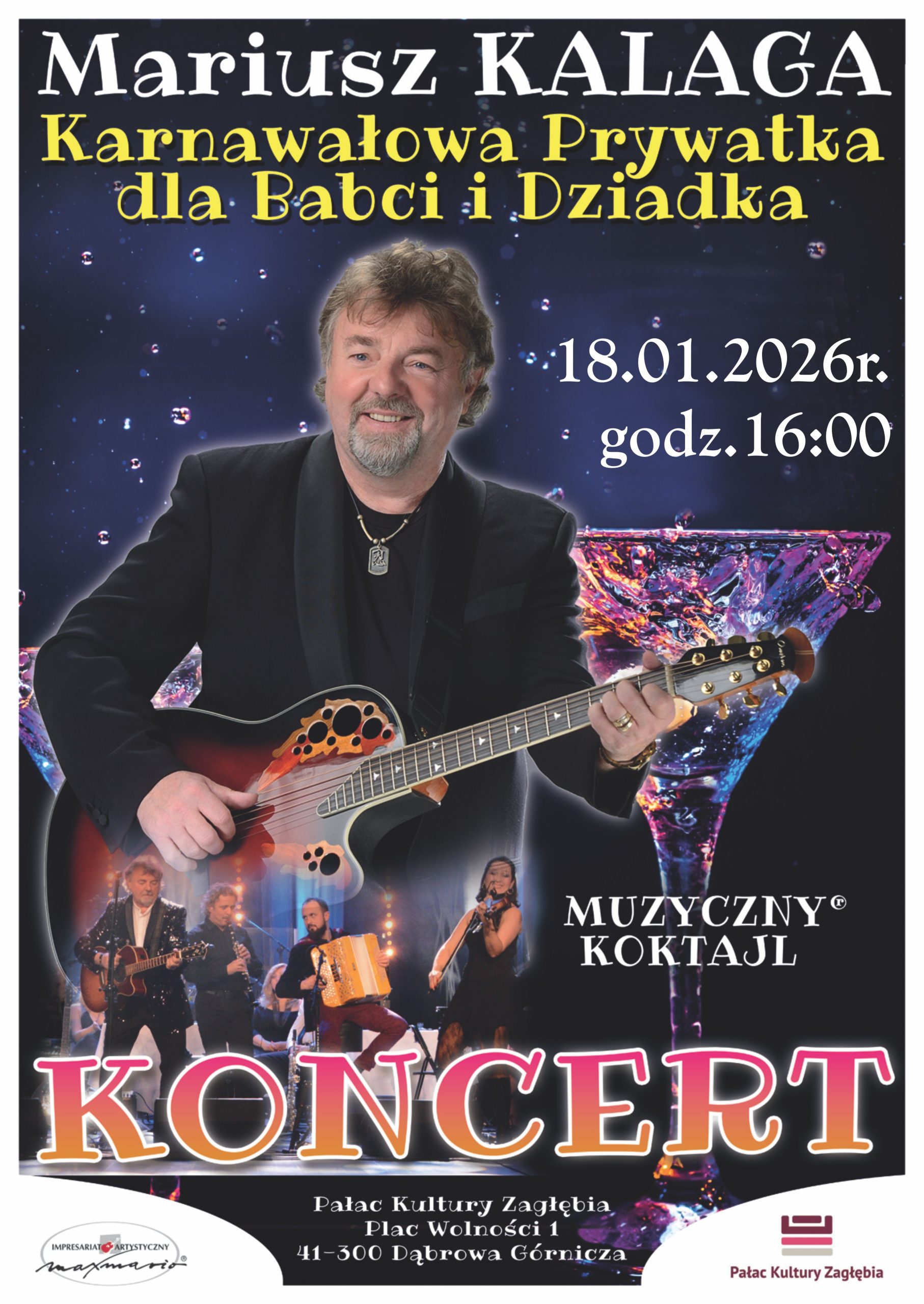 Plakat promujący wydarzenie "Mariusz Kalaga - Karnawałowa prywatka dla babci i dziadka"