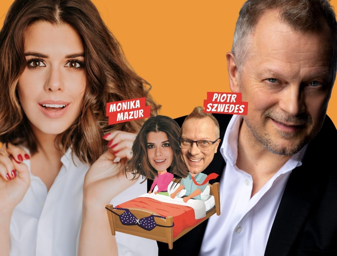 grafika promująca spektakl Odjechana farsa z wizerunkiem Moniki Mazur i Piotra Szwedesa