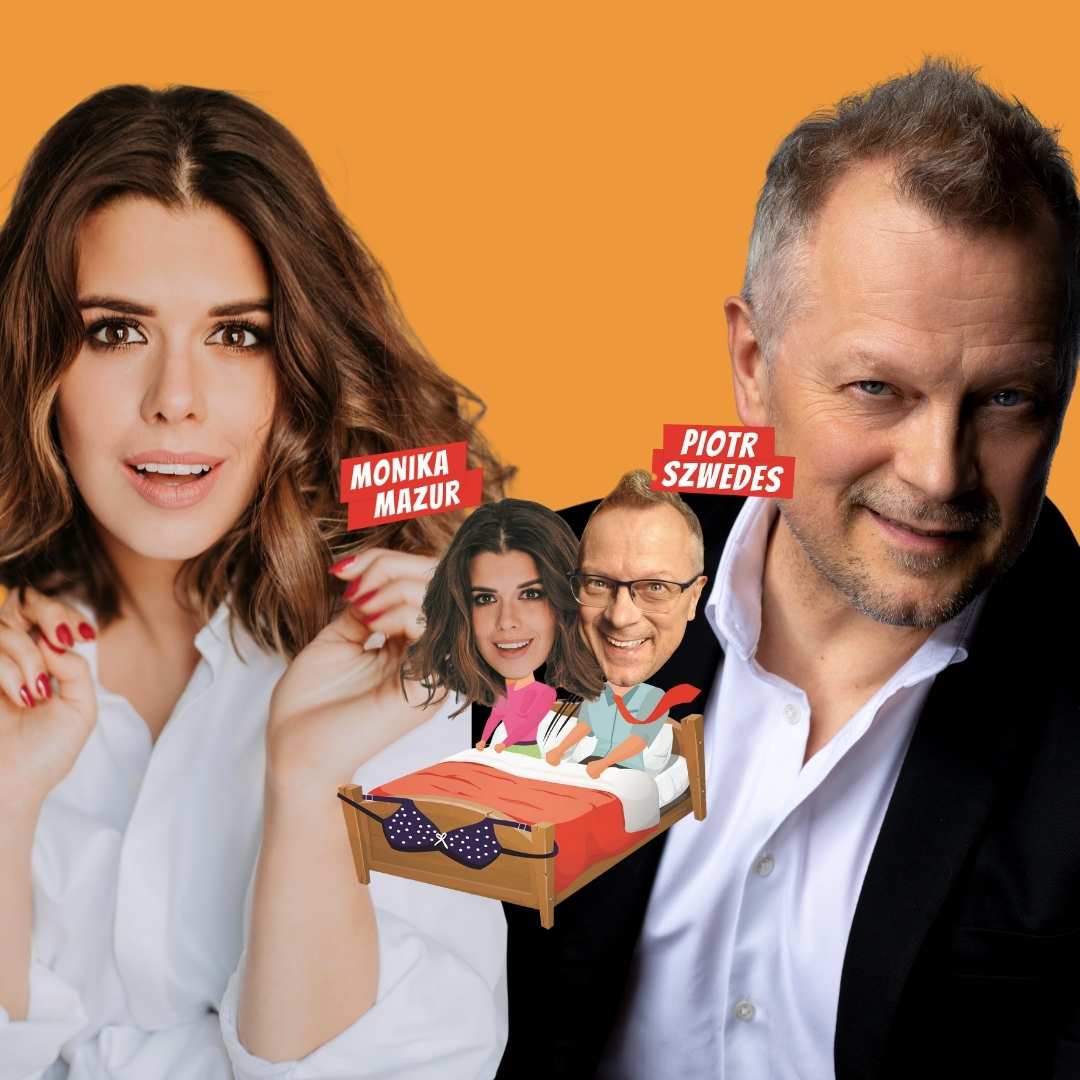 grafika promująca spektakl Odjechana farsa z wizerunkiem Moniki Mazur i Piotra Szwedesa