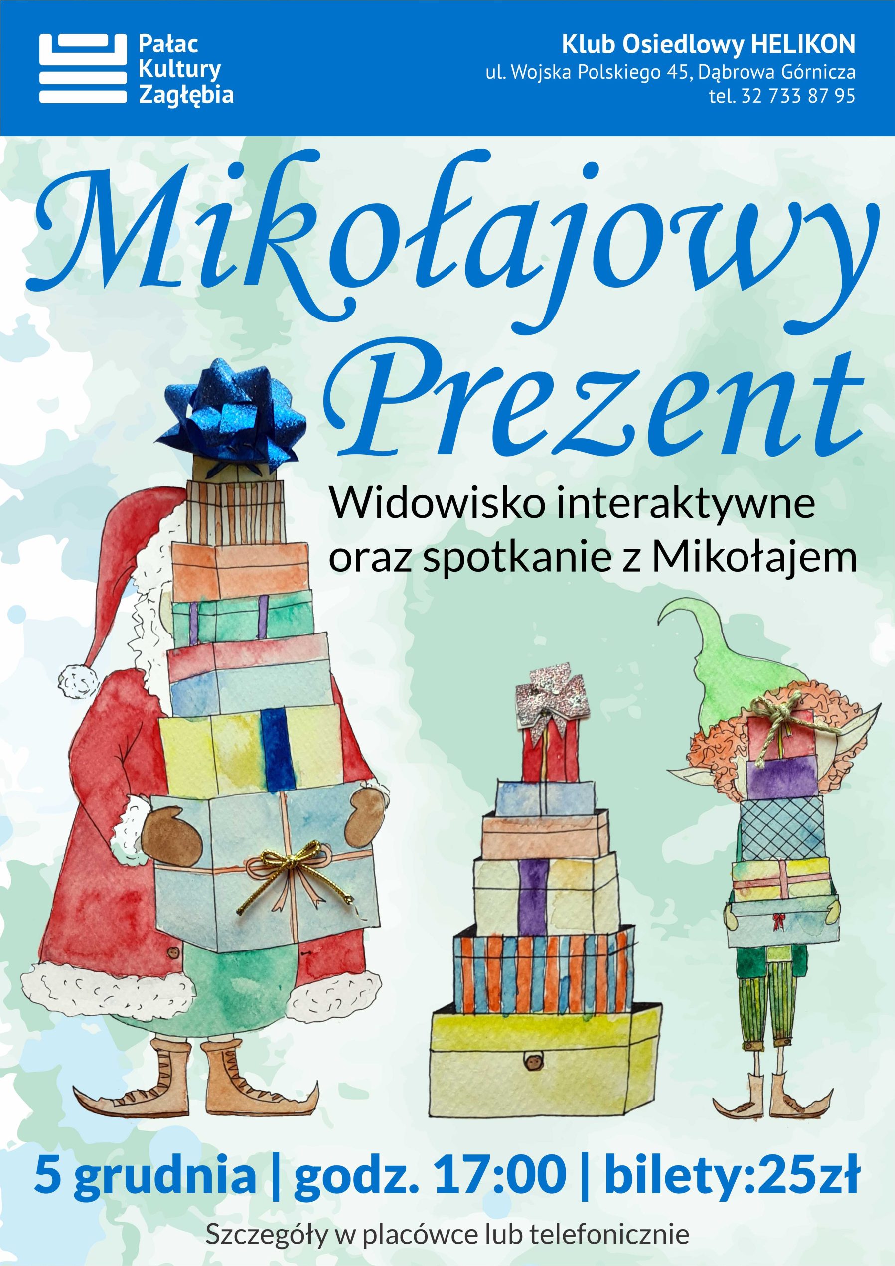Plakat promujący wydarzenie "Mikołajki w Klubie Osiedlowym Helikon"