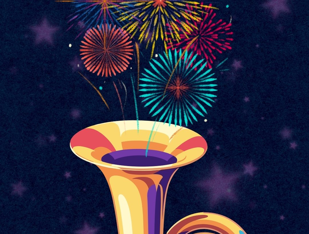 grafika promująca koncert karnawałowy miejskiej orkiestry dętej