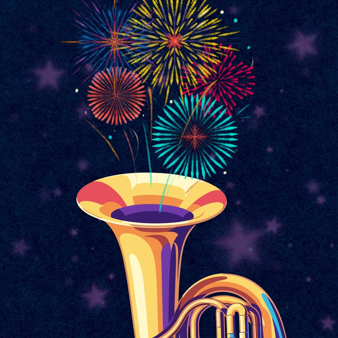 grafika promująca koncert karnawałowy miejskiej orkiestry dętej