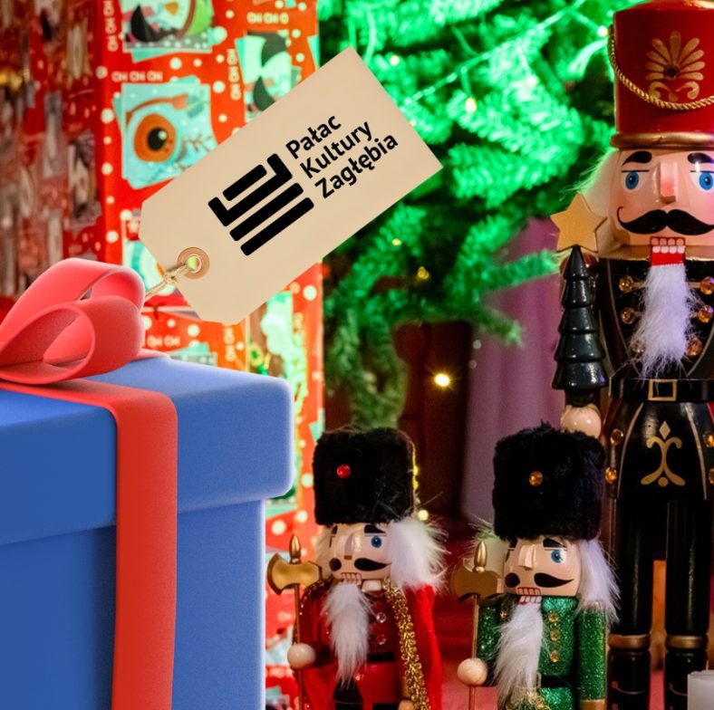 grafika przedstawiająca prezent świąteczny oraz dziadki do orzechów