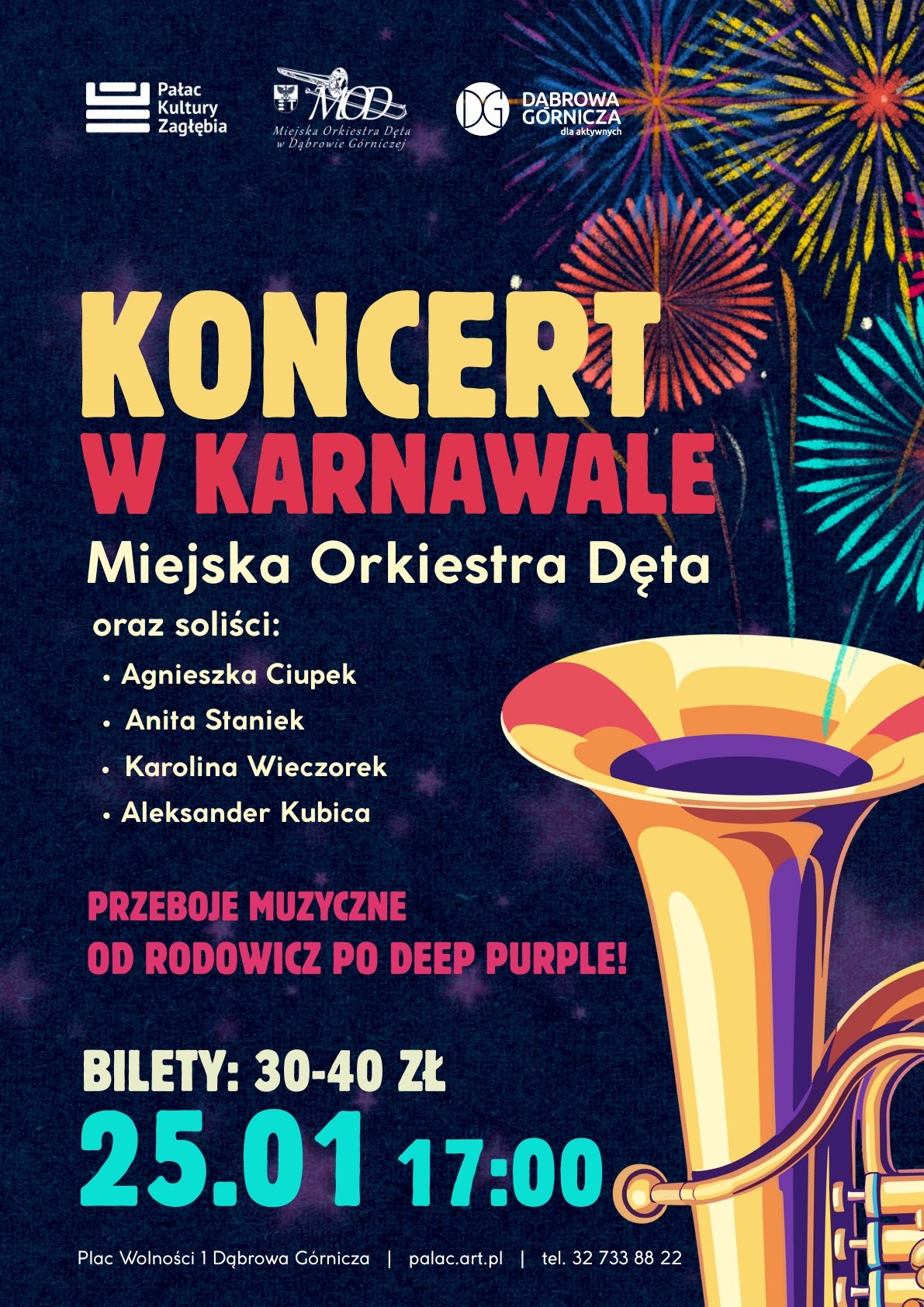 plakat promujący koncert karnawałowy miejskiej orkiestry dętej 25 stycznia 26. roku