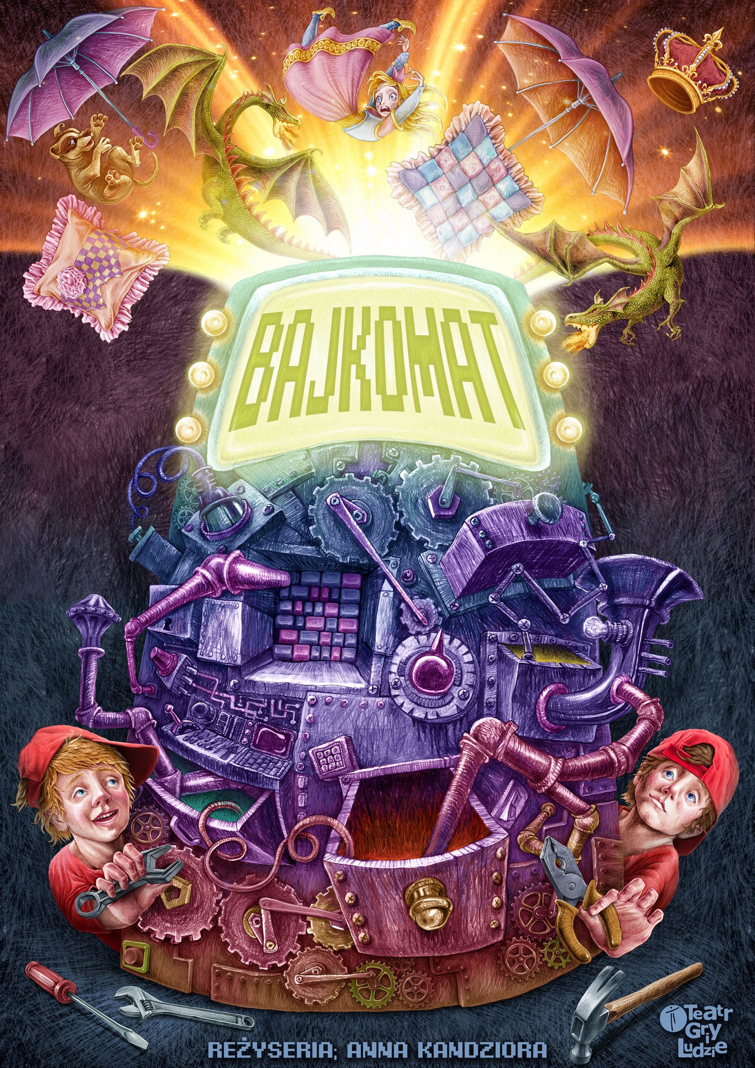 plakat promujący spektakl dla dzieci bajkomat