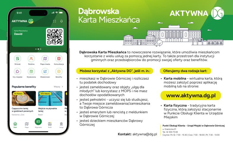 jedna z grafik promujących Dąbrowska kartę mieszkańca z informacjami