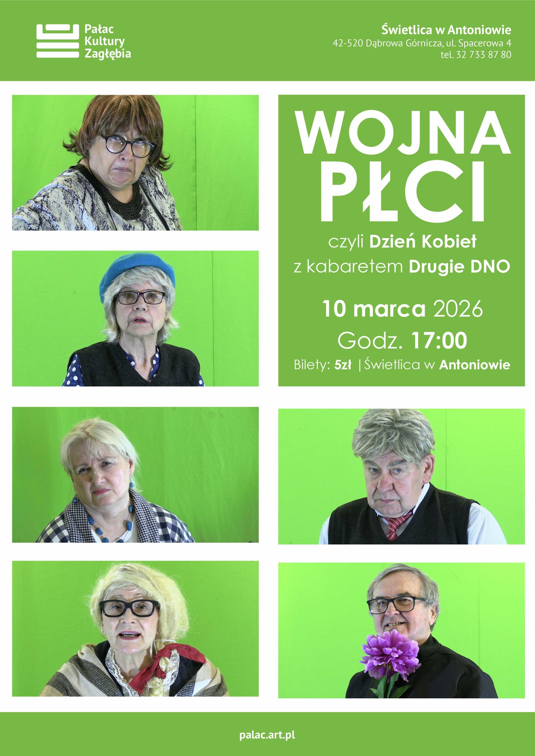 Plakat promujący wydarzenie Wojna Płci - czyli Dzień Kobiet z Kabaretem Drugie dno