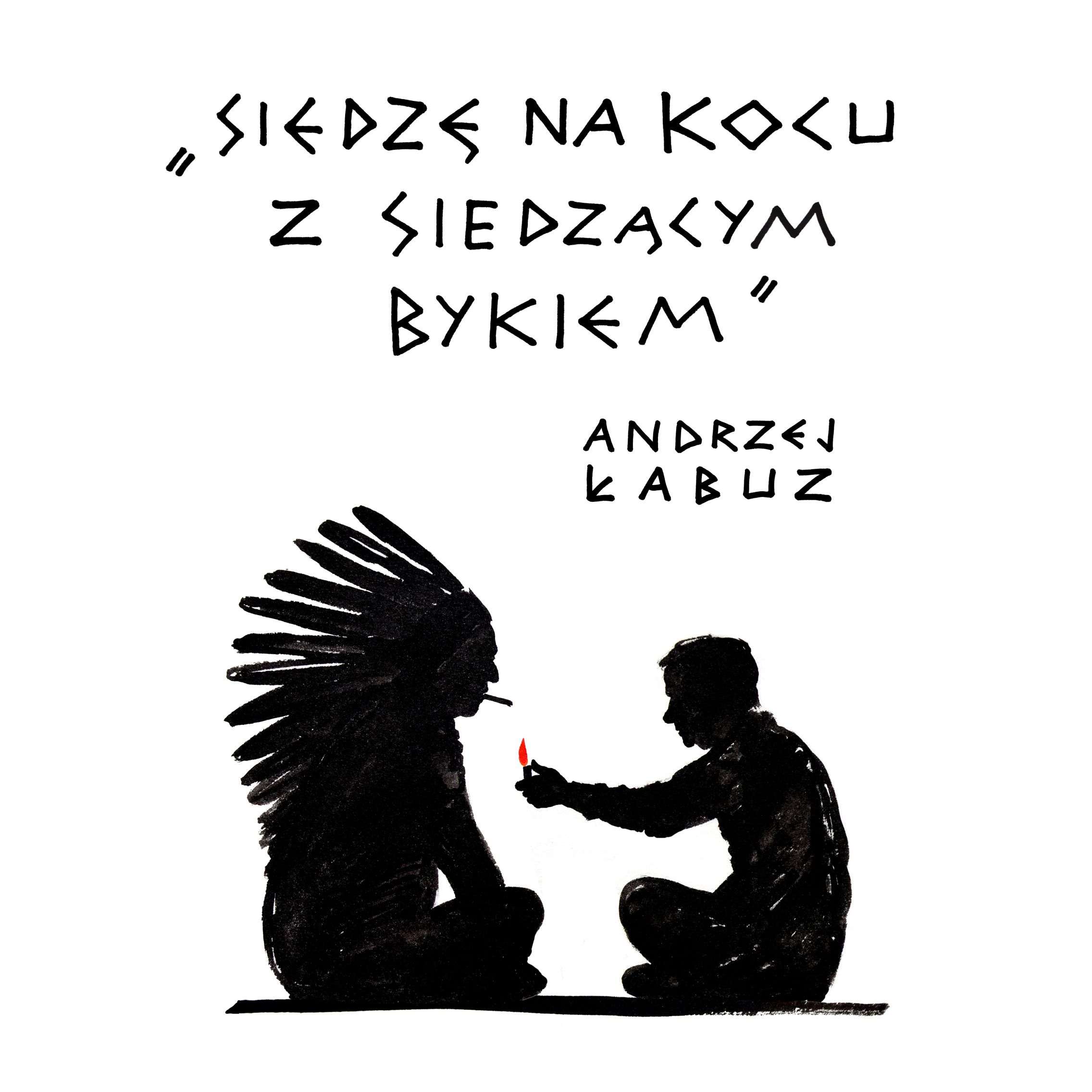 plakat wystawy siedze na kocu z siedzacym bykiem Andrzej Łabuz